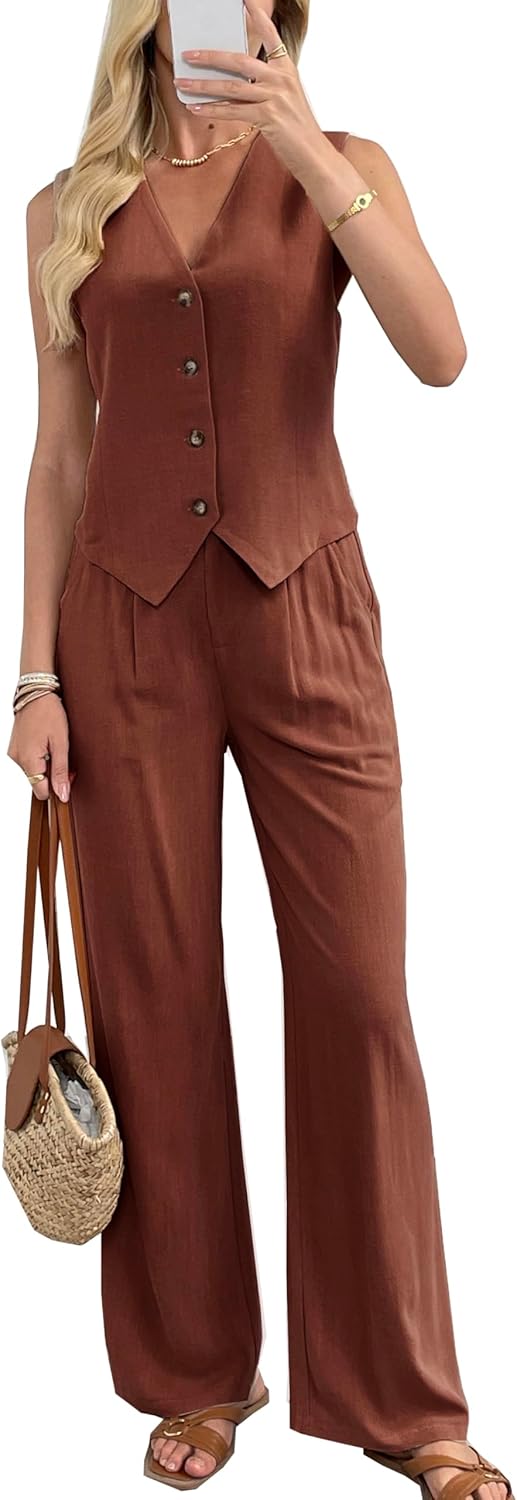 Women's 2 Piece Outfits Linen Vest Waistcoat Dressy Casual Sets Wide Leg Pants Suits