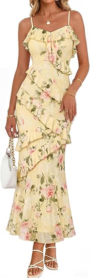 Womens 2026 Spring Formal Bodycon Ruffle Spaghetti Strap Cocktail Long Dress